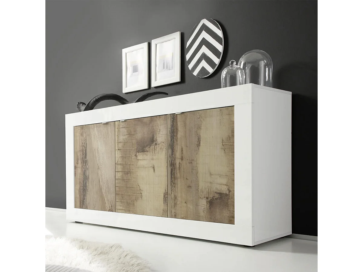 OTELLO - Buffet 3 Portes Finition Blanc Laqué et Aspect Bois Antik