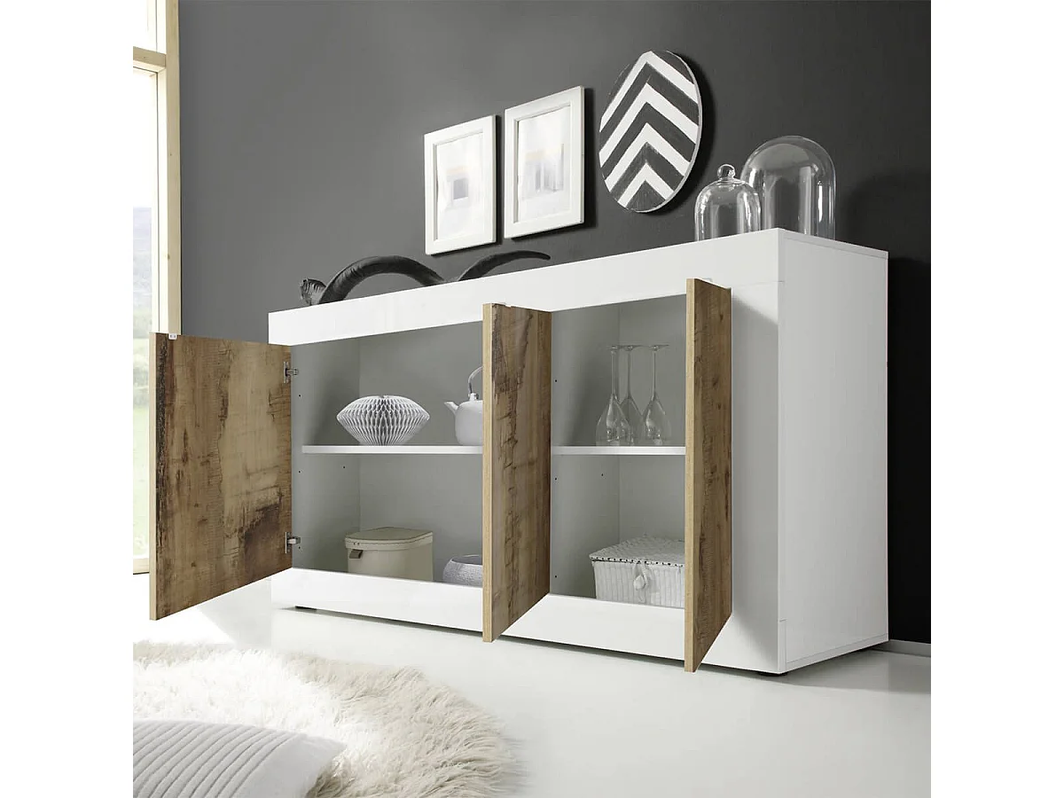 OTELLO - Buffet 3 Portes Finition Blanc Laqué et Aspect Bois Antik