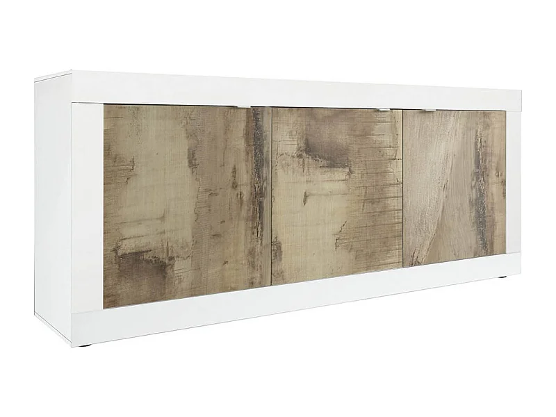 OTELLO - Buffet 3 Portes Finition Blanc Laqué et Aspect Bois Antik