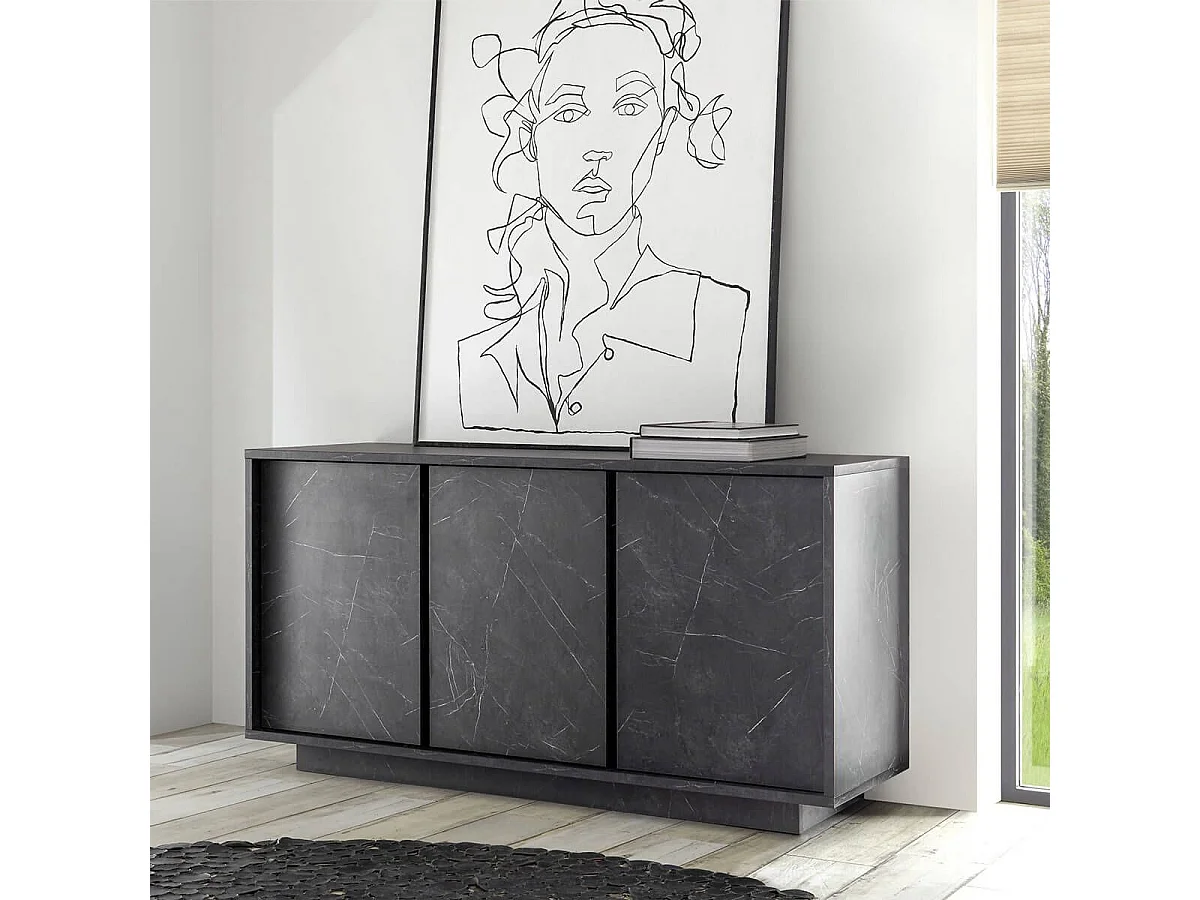 PIRALIA - Buffet 3 Portes Aspect Marbre Gris Anthracite