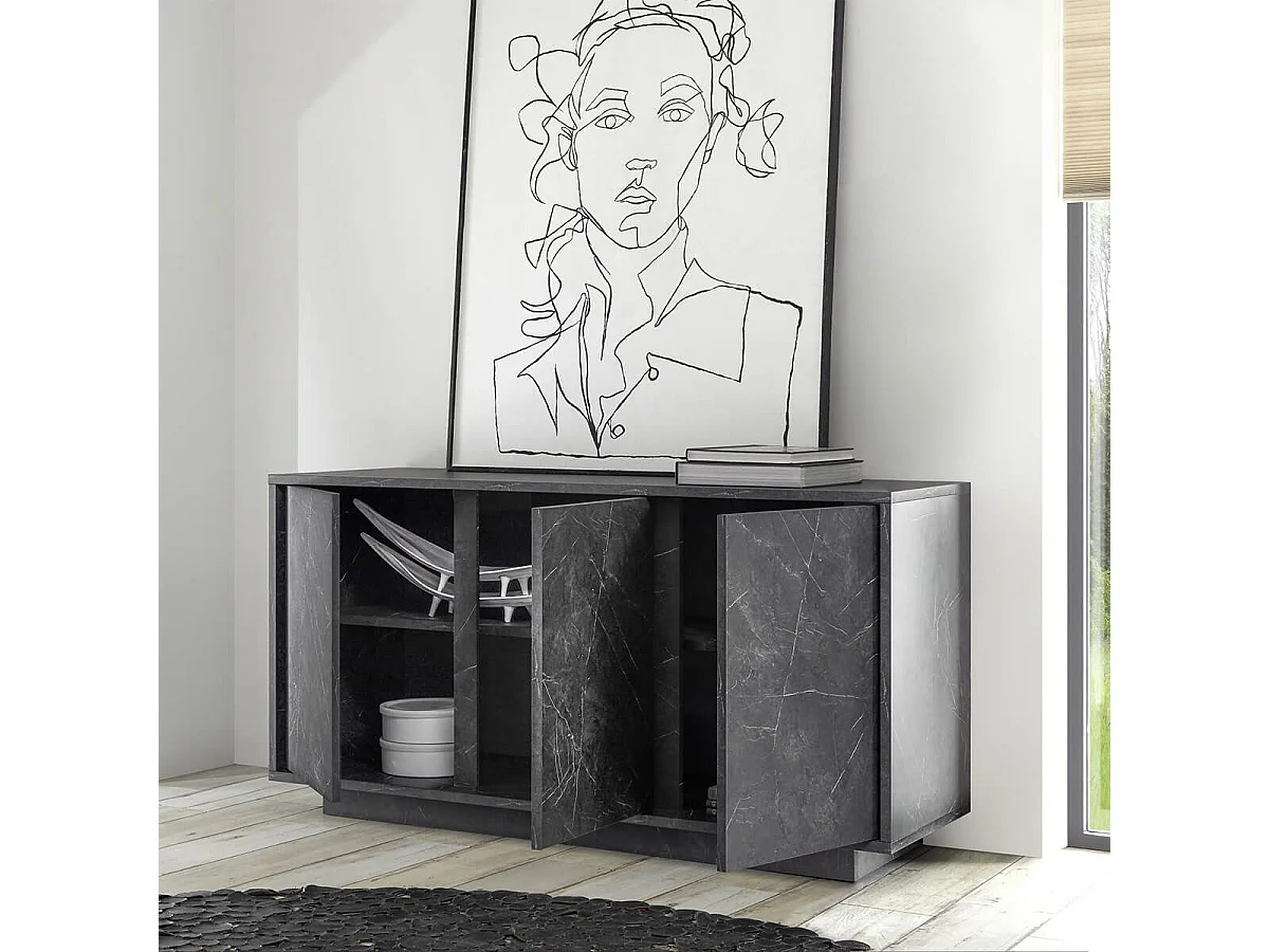 PIRALIA - Buffet 3 Portes Aspect Marbre Gris Anthracite