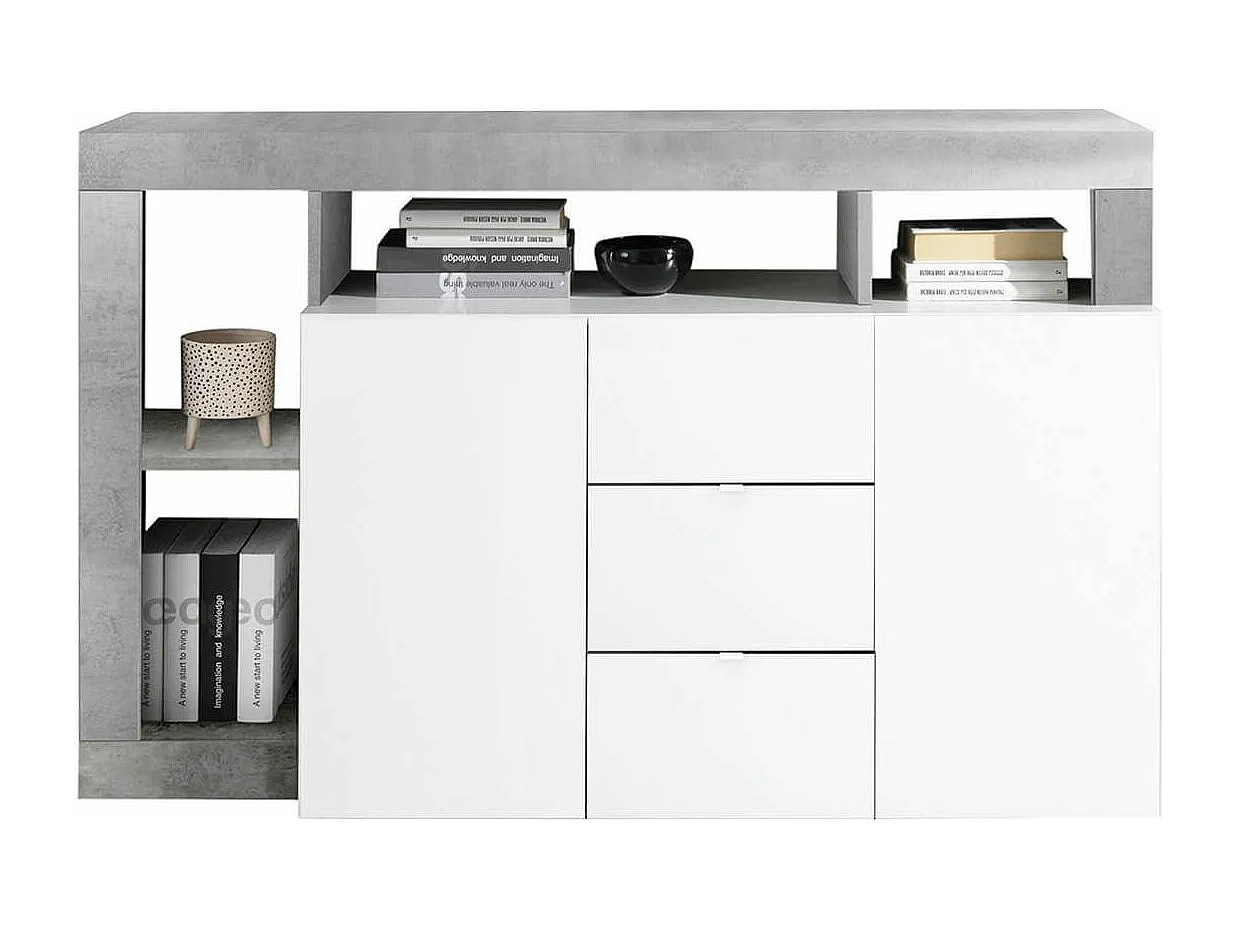 ARTURO - Buffet 2 Portes 3 Tiroirs Blanc Laqué Encadrement Niches Aspect Cimento
