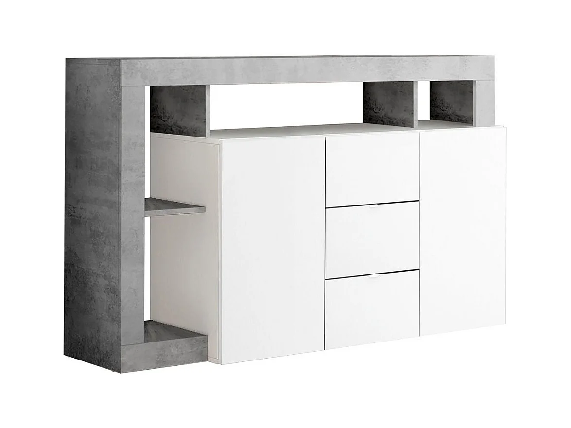 ARTURO - Buffet 2 Portes 3 Tiroirs Blanc Laqué Encadrement Niches Aspect Cimento