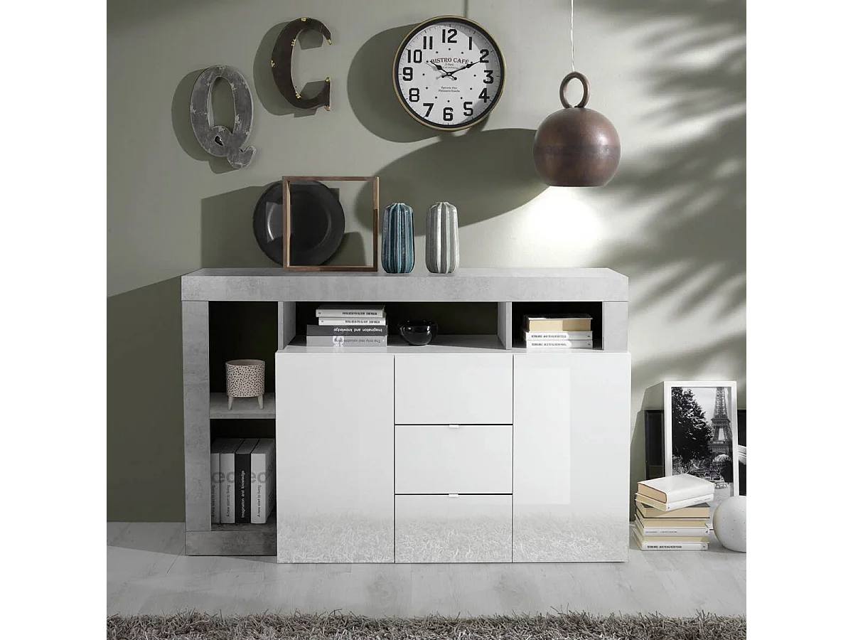ARTURO - Buffet 2 Portes 3 Tiroirs Blanc Laqué Encadrement Niches Aspect Cimento