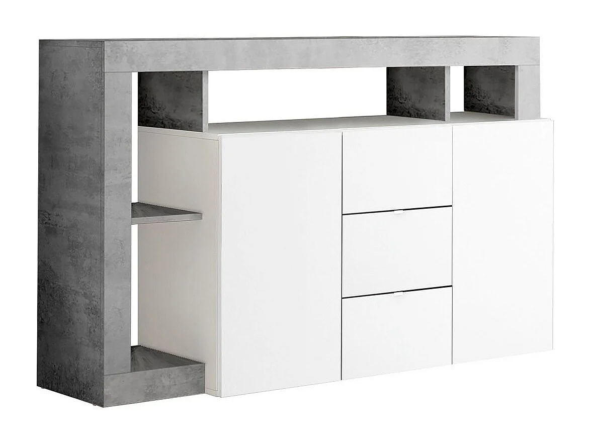 ARTURO - Buffet 2 Portes 3 Tiroirs Blanc Laqué Encadrement Niches Aspect Cimento