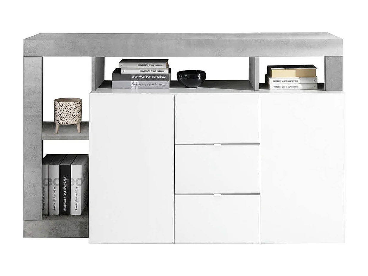 ARTURO - Buffet 2 Portes 3 Tiroirs Blanc Laqué Encadrement Niches Aspect Cimento