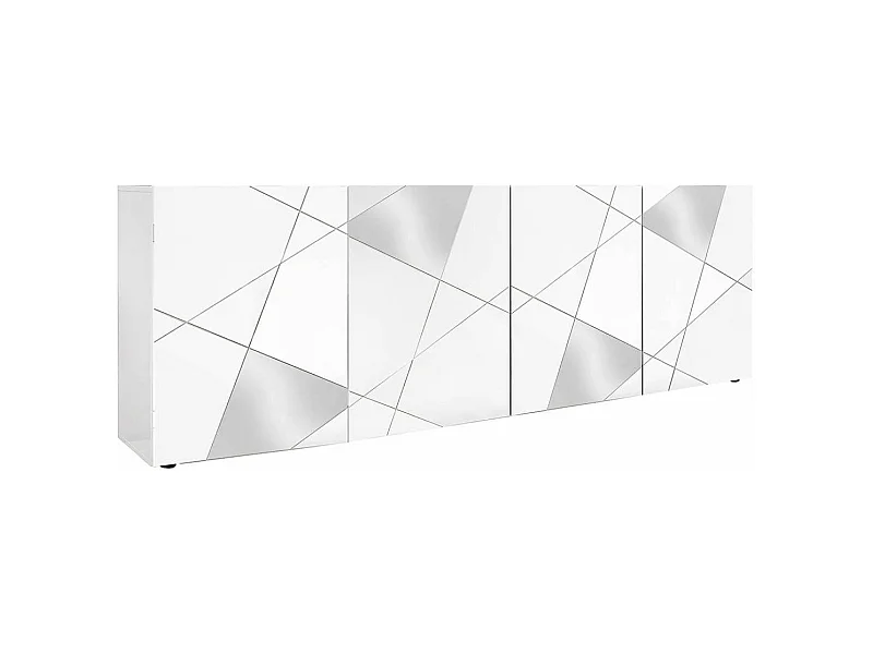 ORIANA - Buffet 4 Portes Finition Blanc Laqué Weiss avec Sérigraphies et Miroirs