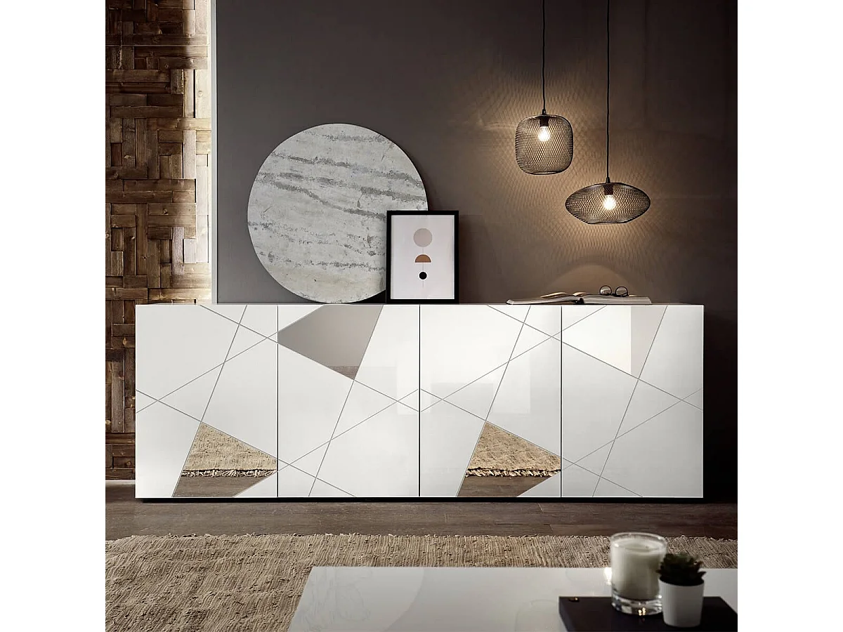 ORIANA - Buffet 4 Portes Finition Blanc Laqué Weiss avec Sérigraphies et Miroirs