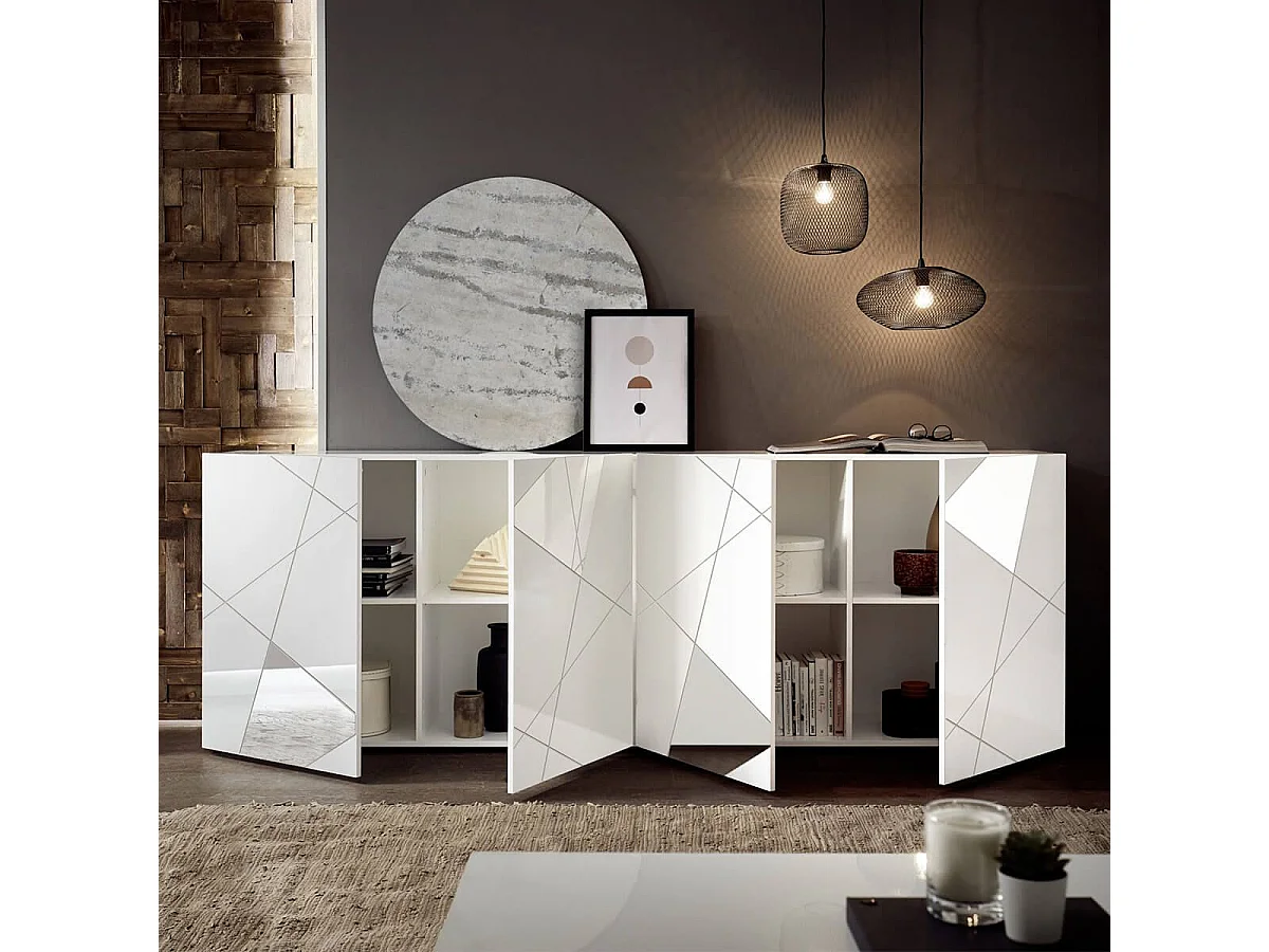 ORIANA - Buffet 4 Portes Finition Blanc Laqué Weiss avec Sérigraphies et Miroirs