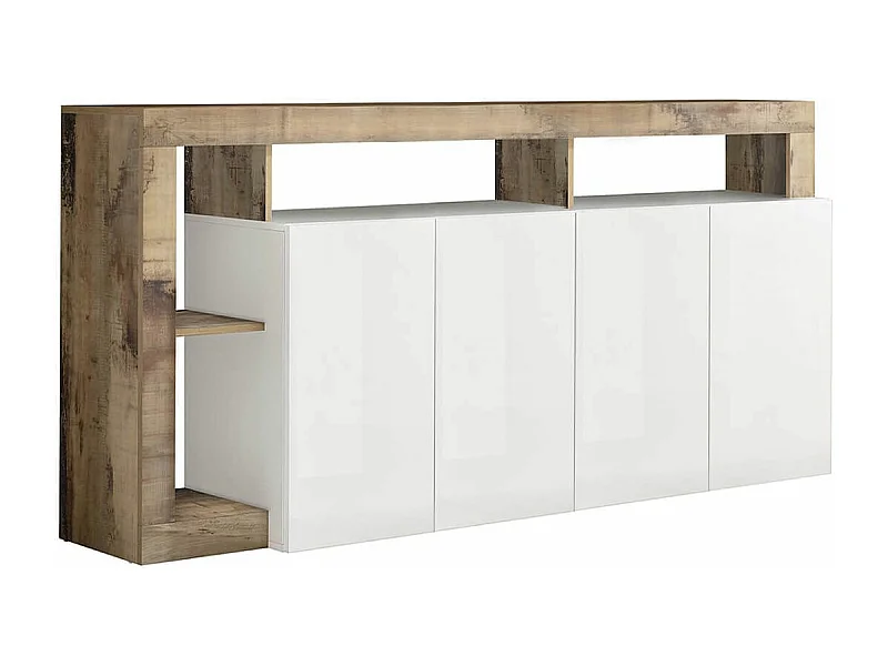 ARTURO - Buffet 4 Portes Blanc Laqué Encadrement Niches Aspect Bois Antik
