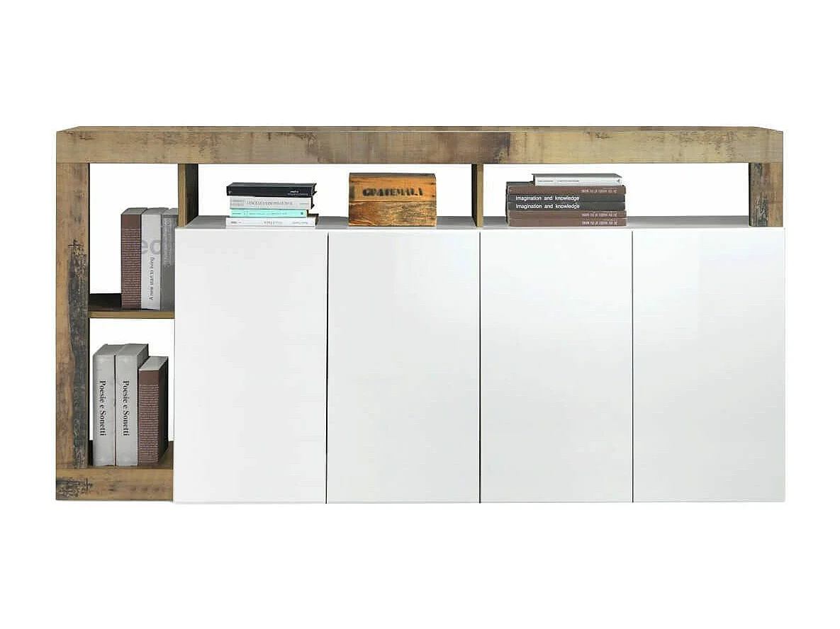 ARTURO - Buffet 4 Portes Blanc Laqué Encadrement Niches Aspect Bois Antik