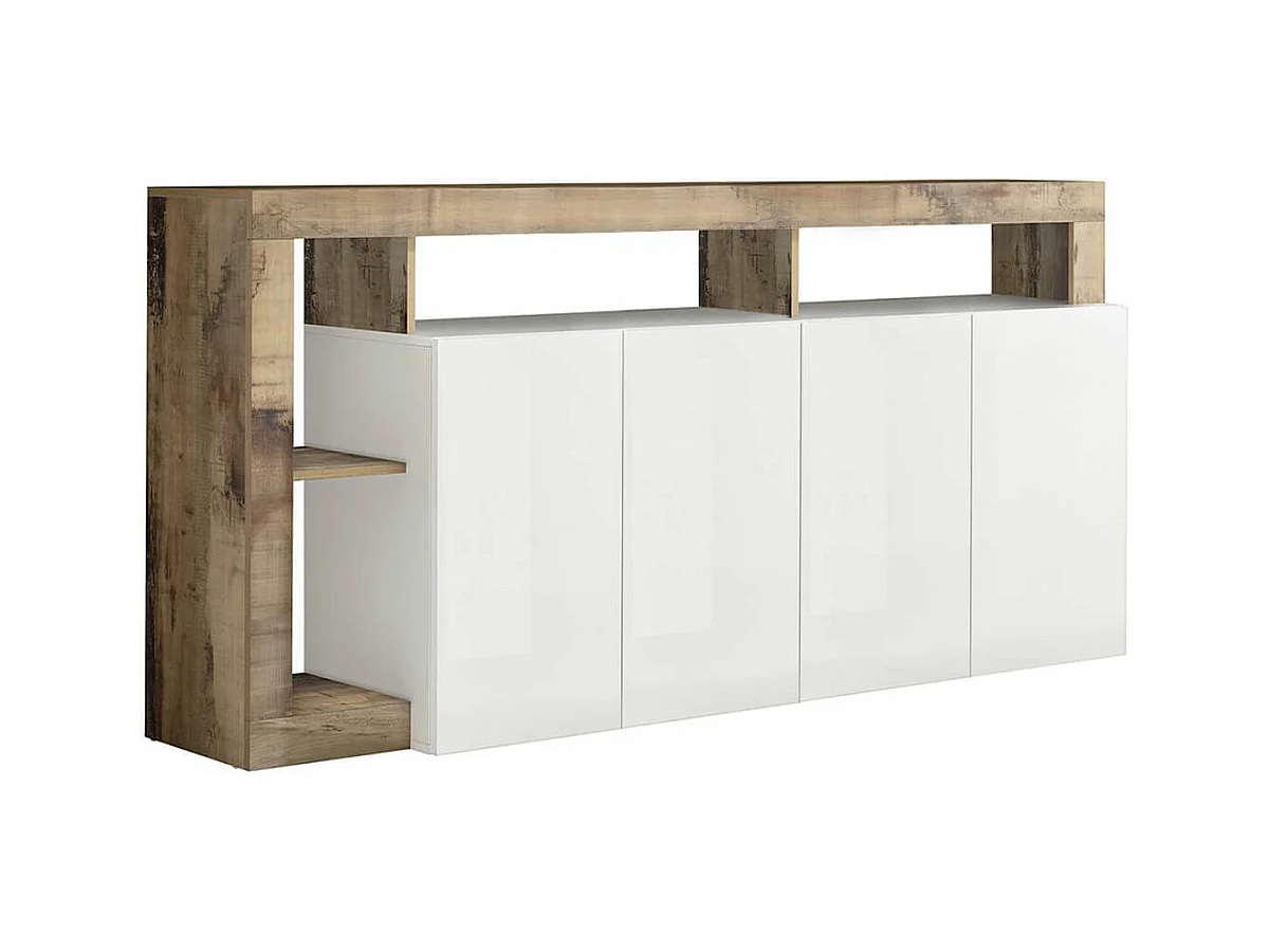 ARTURO - Buffet 4 Portes Blanc Laqué Encadrement Niches Aspect Bois Antik