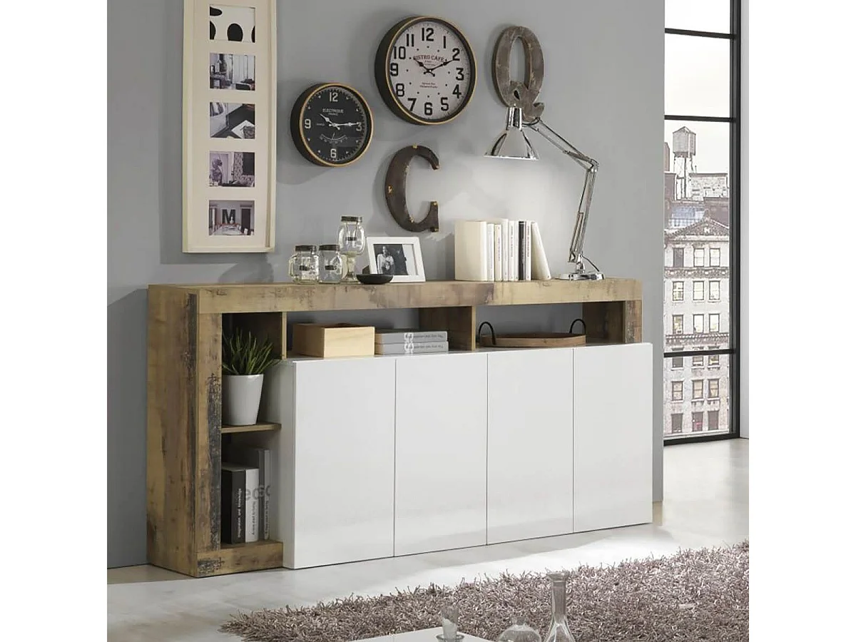 ARTURO - Buffet 4 Portes Blanc Laqué Encadrement Niches Aspect Bois Antik