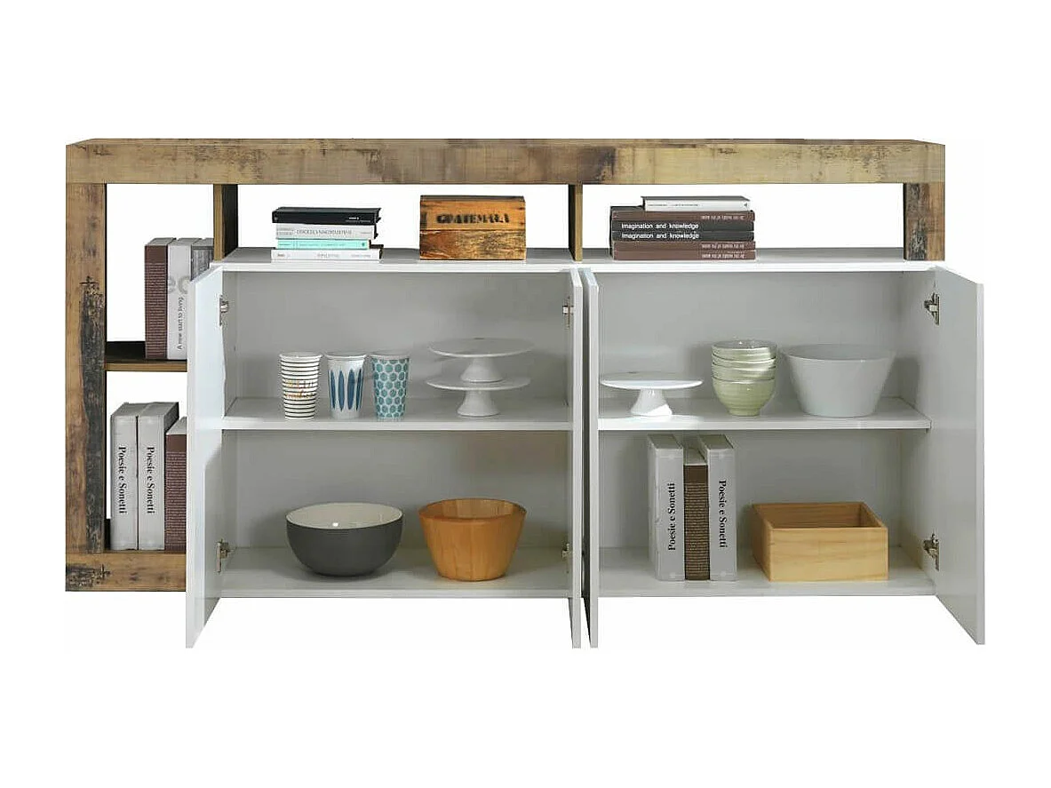 ARTURO - Buffet 4 Portes Blanc Laqué Encadrement Niches Aspect Bois Antik