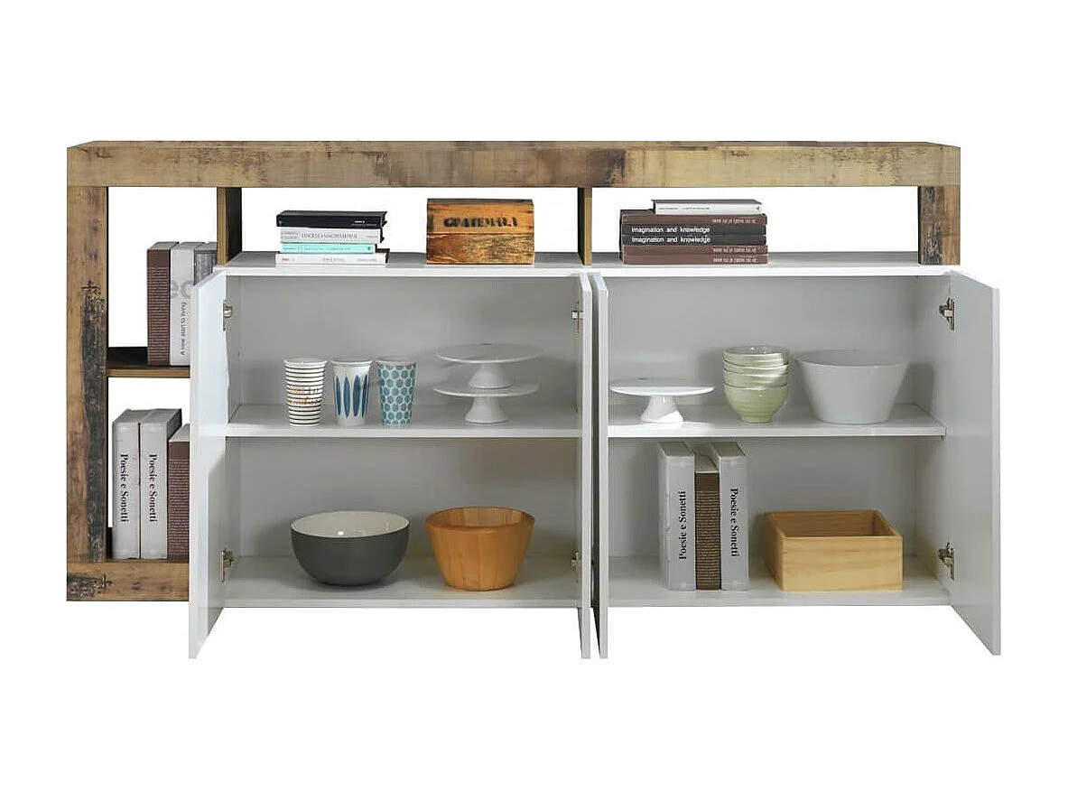 ARTURO - Buffet 4 Portes Blanc Laqué Encadrement Niches Aspect Bois Antik