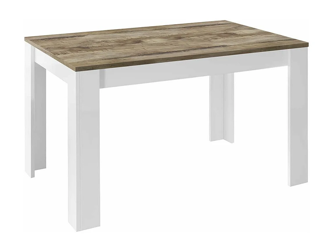 ANTIK - Table Repas Extensible Blanc Laqué Brillant Plateau Aspect Bois Antik