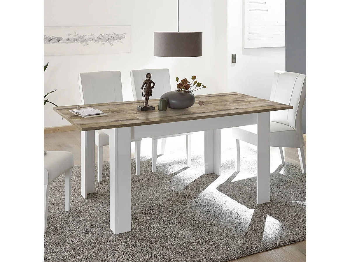 ANTIK - Table Repas Extensible Blanc Laqué Brillant Plateau Aspect Bois Antik
