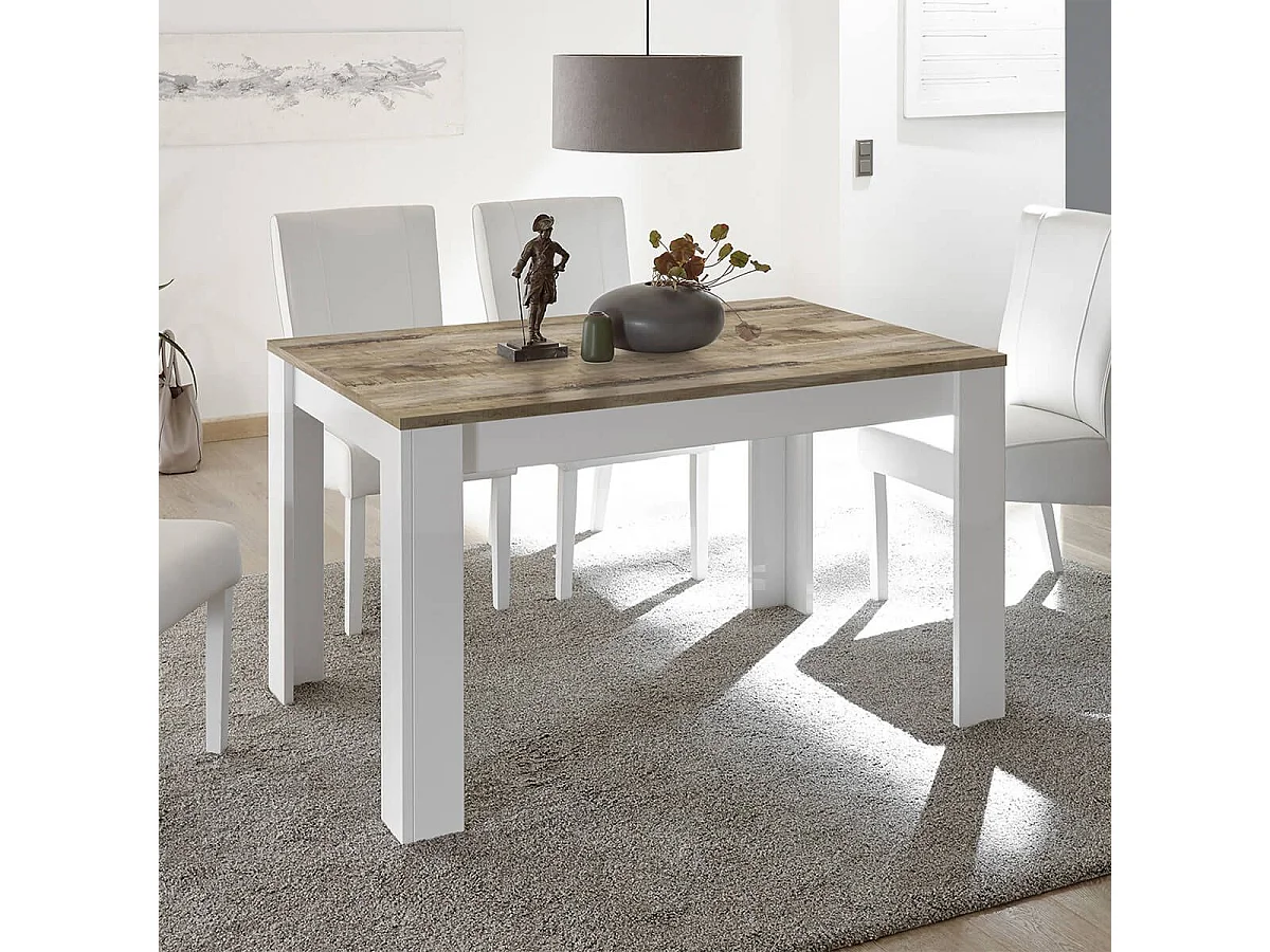 ANTIK - Table Repas Extensible Blanc Laqué Brillant Plateau Aspect Bois Antik