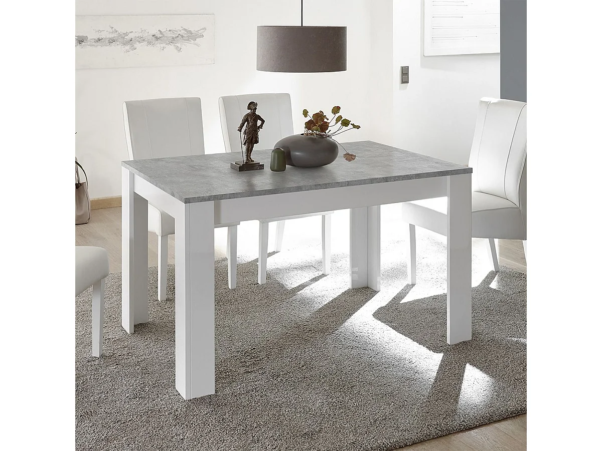 OTELLO - Table Repas Extensible Blanc Laqué Brillant Plateau Aspect Béton