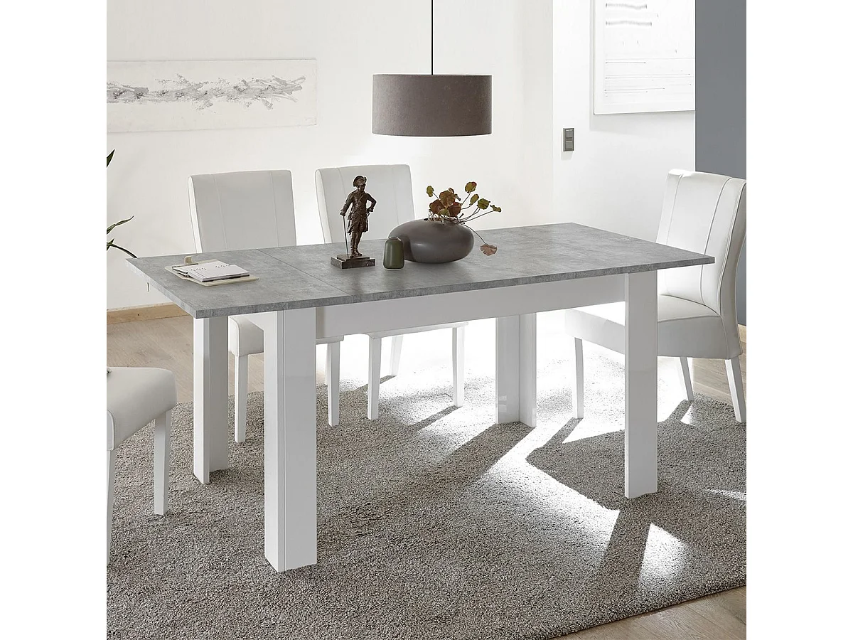 OTELLO - Table Repas Extensible Blanc Laqué Brillant Plateau Aspect Béton