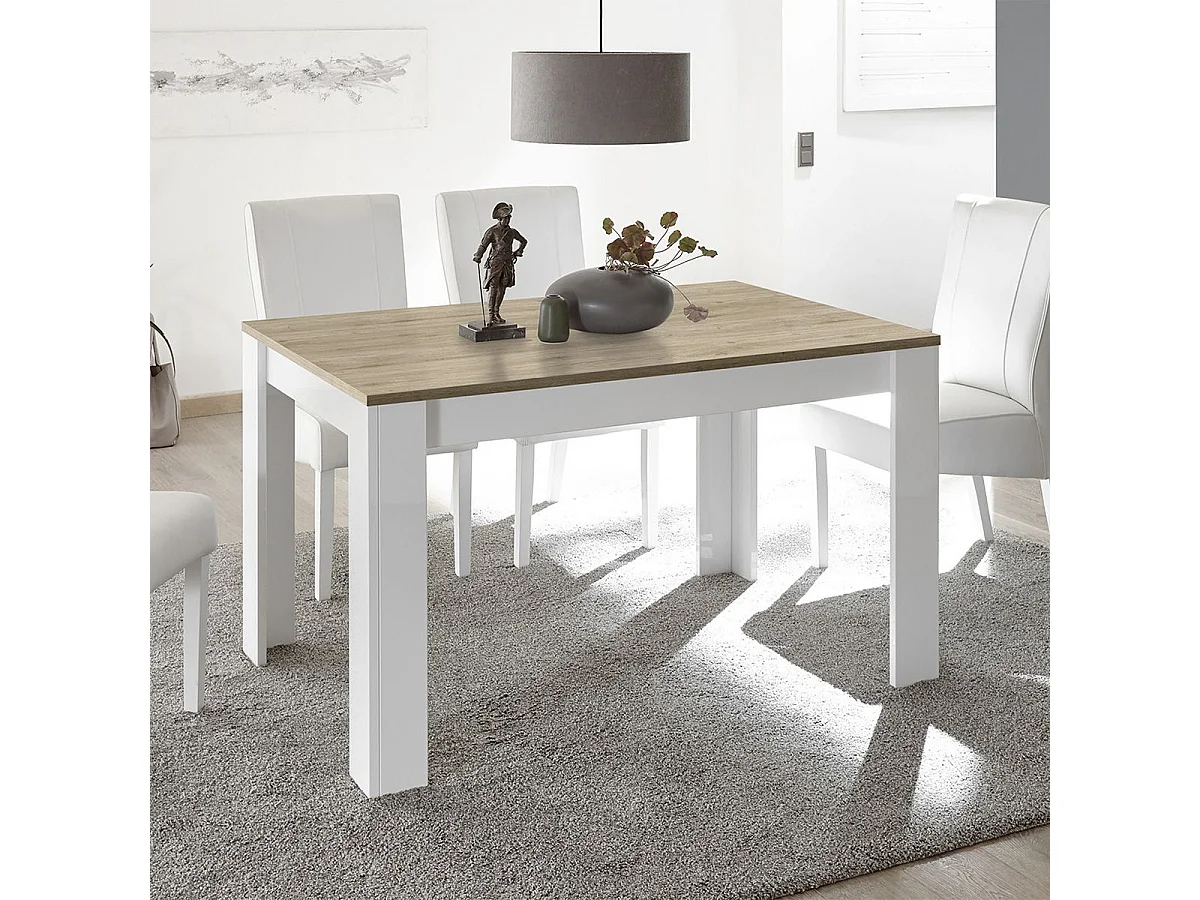 CADIZ - Table Repas Extensible Blanc Laqué Brillant Plateau Aspect Bois Cadiz