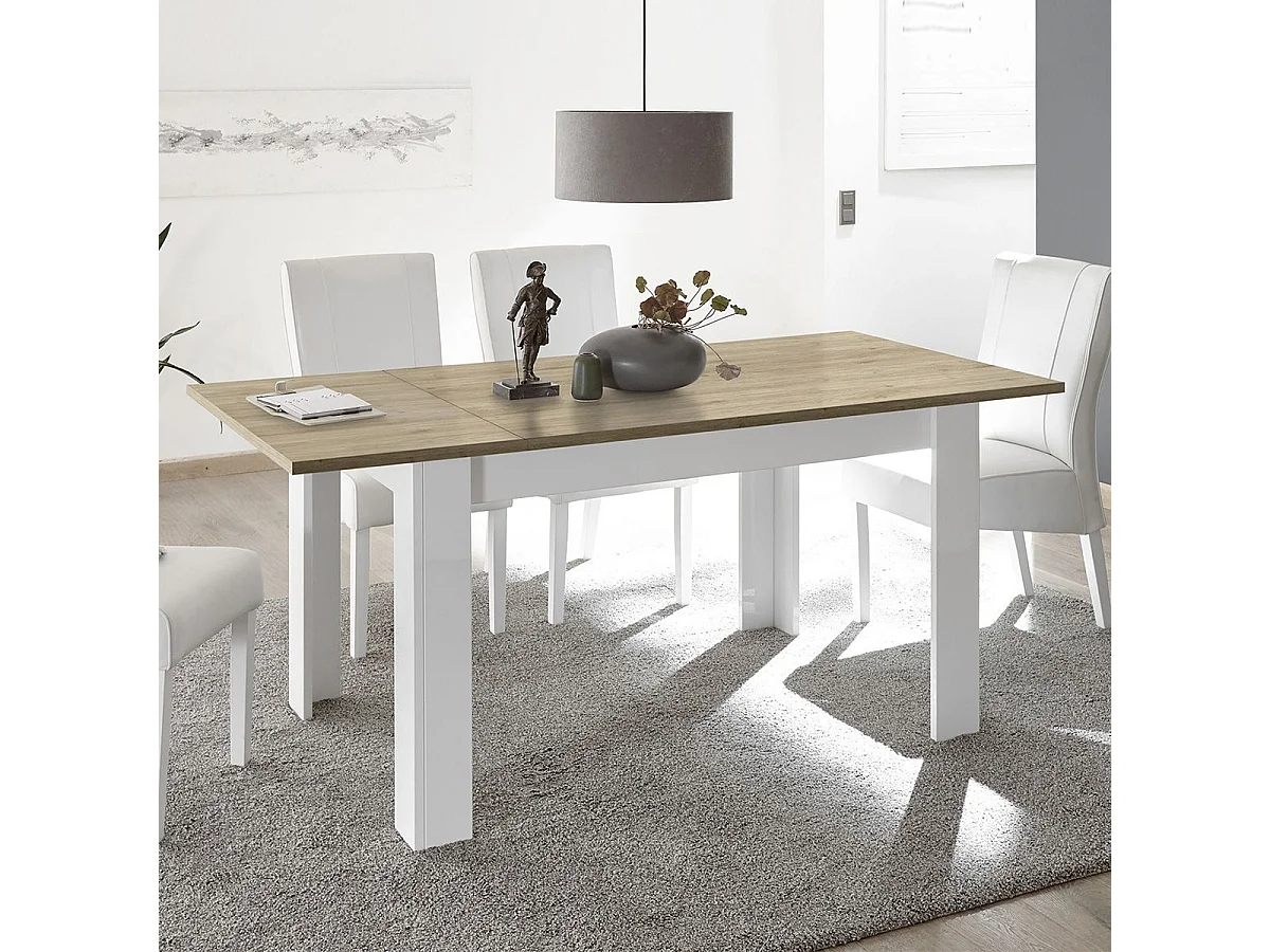 CADIZ - Table Repas Extensible Blanc Laqué Brillant Plateau Aspect Bois Cadiz