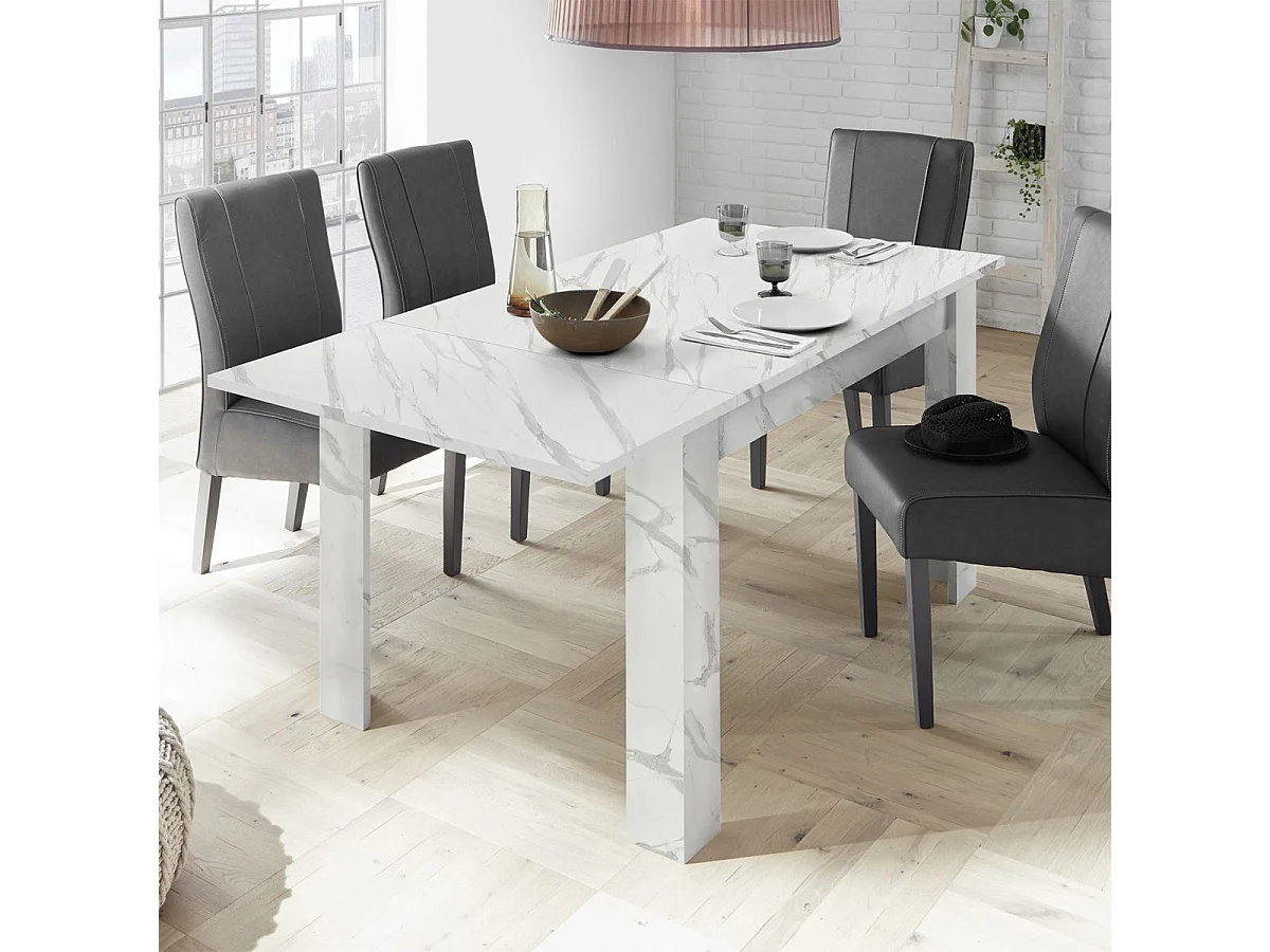 PIRALIA - Table Repas Extensible Aspect Marbre Blanc