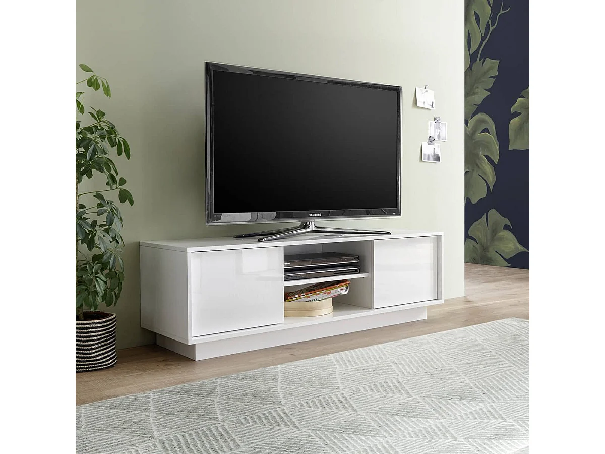LYSIANE - Meuble TV 2 Portes Finition Blanc Laqué Brillant Weiss