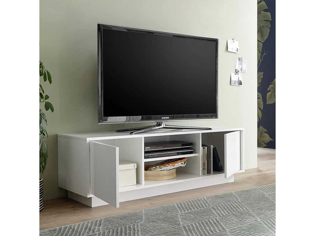 LYSIANE - Meuble TV 2 Portes Finition Blanc Laqué Brillant Weiss