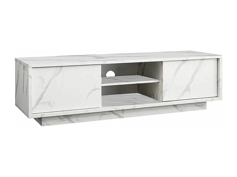 PIRALIA - Meuble TV 2 Portes Aspect Marbre Blanc