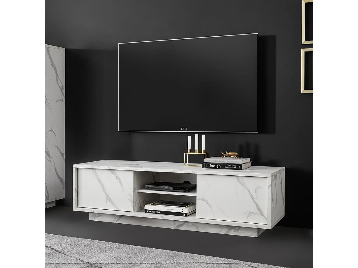 PIRALIA - Meuble TV 2 Portes Aspect Marbre Blanc