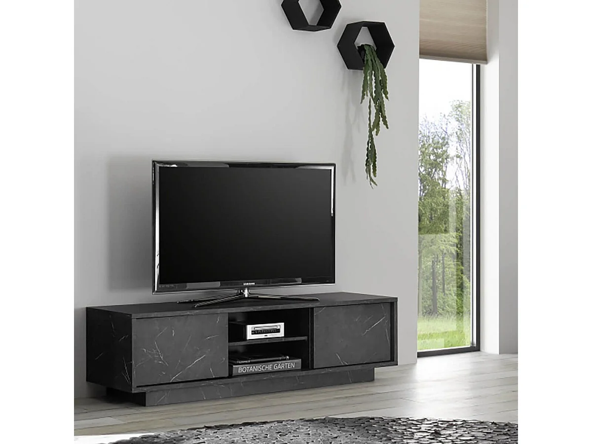 PIRALIA - Meuble TV 2 Portes Aspect Marbre Gris Anthracite