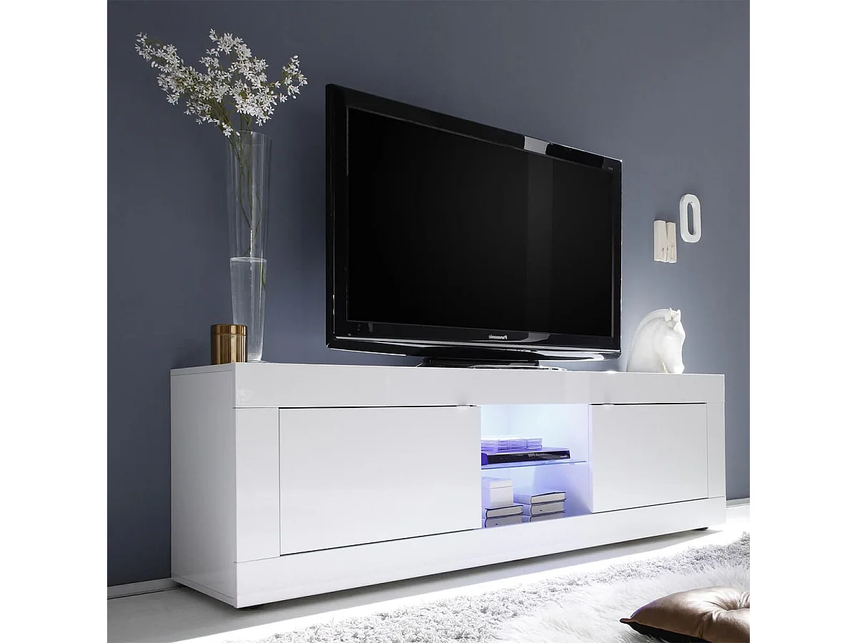 OTELLO - Meuble TV 2 Portes 2 Niches Finition Blanc Laqué Weiss avec Leds