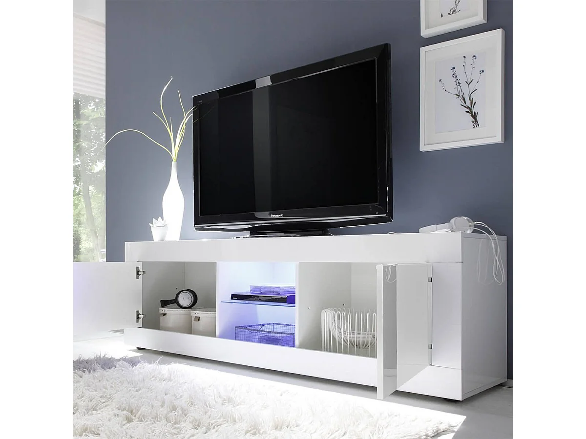 OTELLO - Meuble TV 2 Portes 2 Niches Finition Blanc Laqué Weiss avec Leds