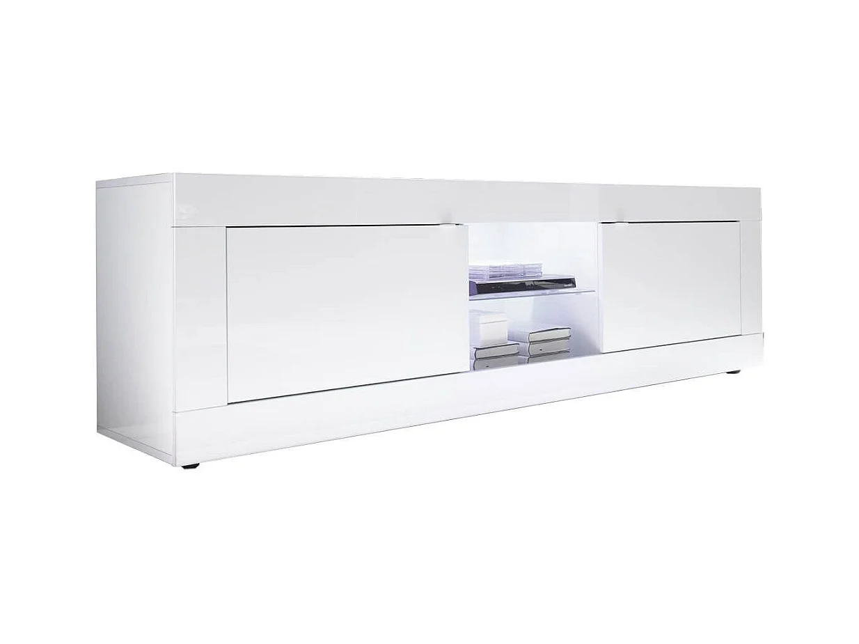 OTELLO - Meuble TV 2 Portes 2 Niches Finition Blanc Laqué Weiss avec Leds