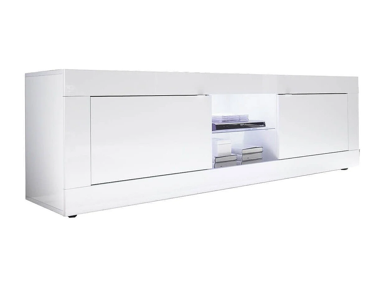 OTELLO - Meuble TV 2 Portes 2 Niches Finition Blanc Laqué Weiss avec Leds