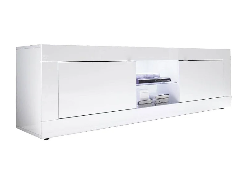 OTELLO - Meuble TV 2 Portes 2 Niches Finition Blanc Laqué Weiss avec Leds