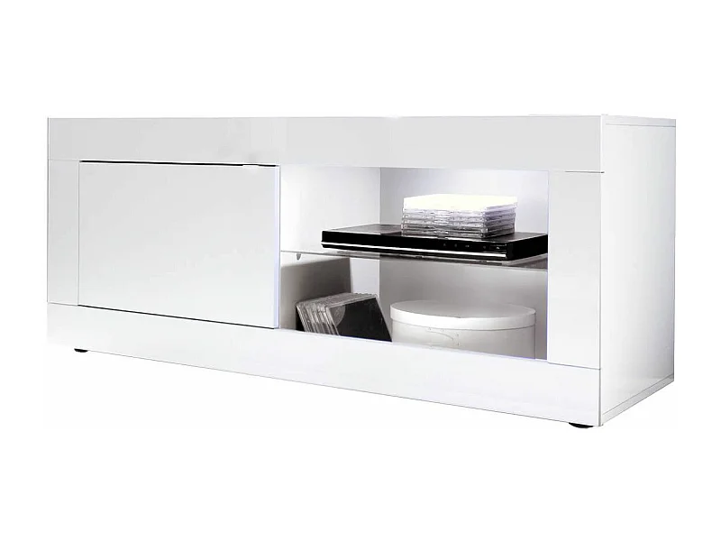 OTELLO - Meuble TV 1 Portes 2 Niches Finition Blanc Laqué Weiss avec Leds