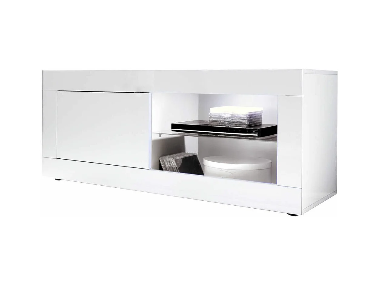 OTELLO - Meuble TV 1 Portes 2 Niches Finition Blanc Laqué Weiss avec Leds