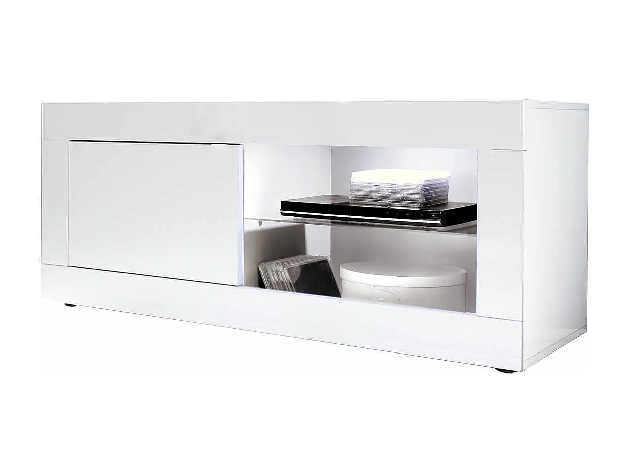 OTELLO - Meuble TV 1 Portes 2 Niches Finition Blanc Laqué Weiss avec Leds