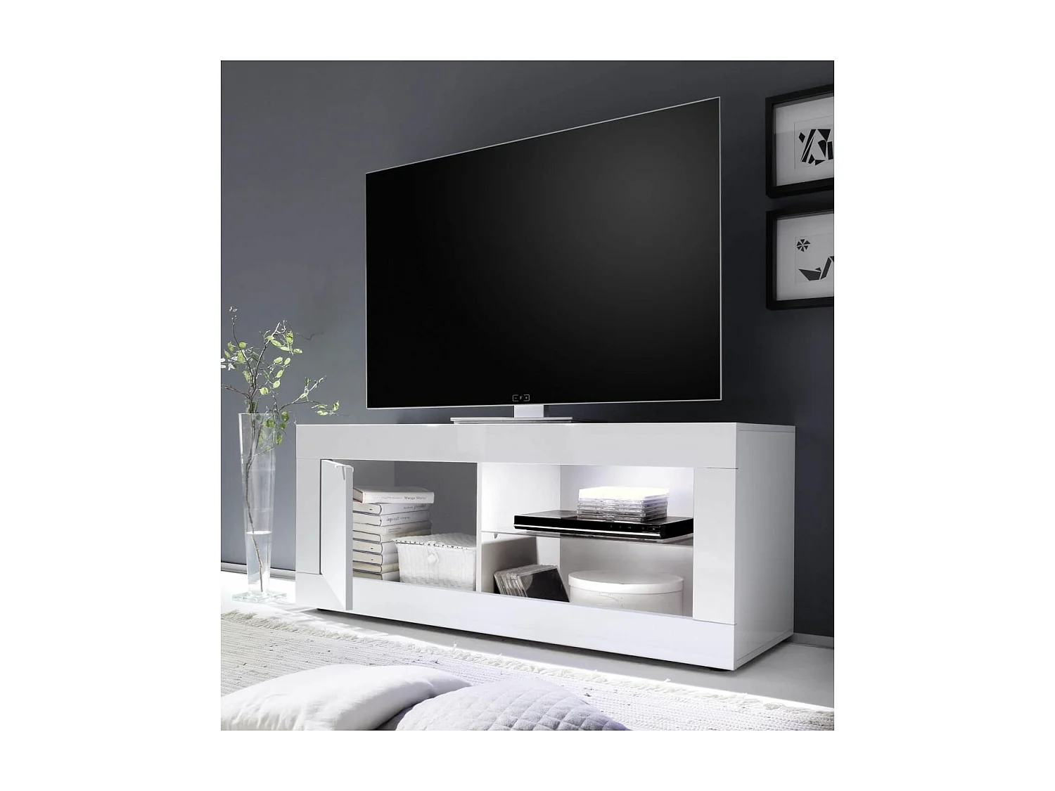 OTELLO - Meuble TV 1 Portes 2 Niches Finition Blanc Laqué Weiss avec Leds