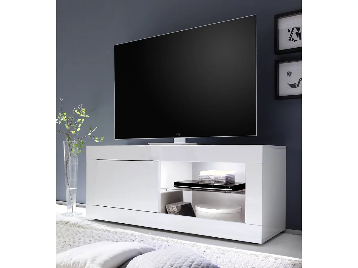 OTELLO - Meuble TV 1 Portes 2 Niches Finition Blanc Laqué Weiss avec Leds