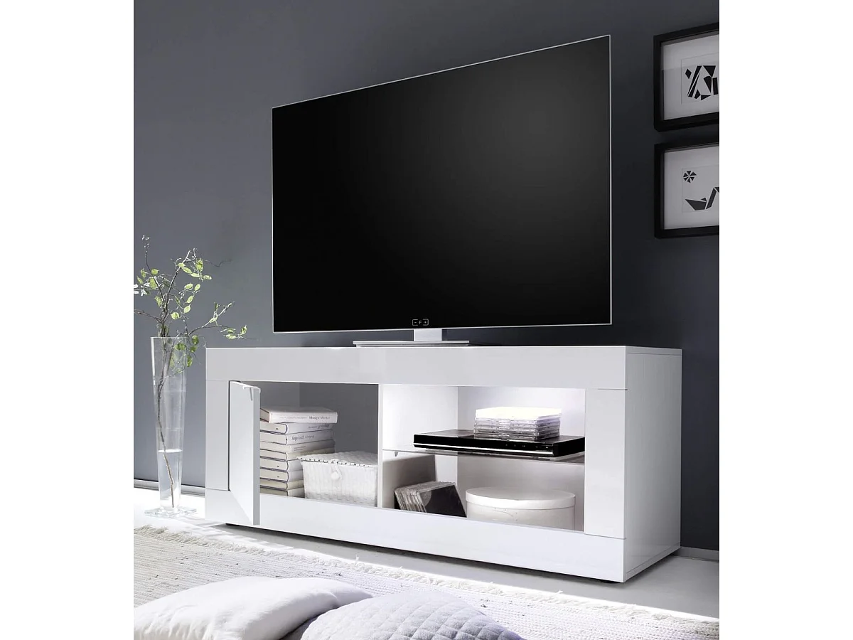 OTELLO - Meuble TV 1 Portes 2 Niches Finition Blanc Laqué Weiss avec Leds
