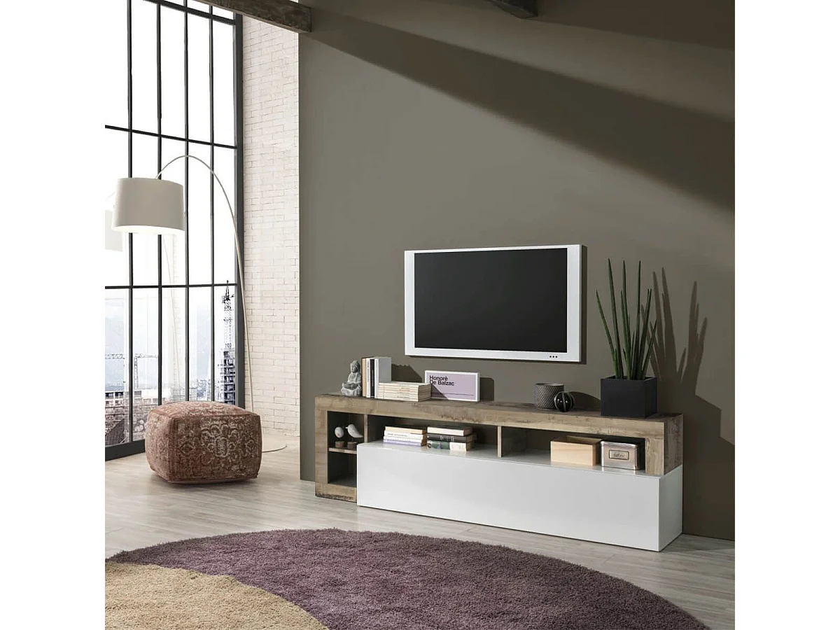 ARTURO - Meuble TV 1 Abattant Blanc Laqué Encadrement Niches Aspect Bois Antik