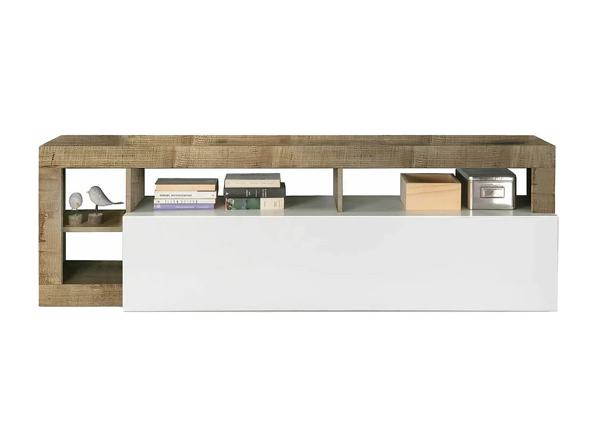 ARTURO - Meuble TV 1 Abattant Blanc Laqué Encadrement Niches Aspect Bois Antik