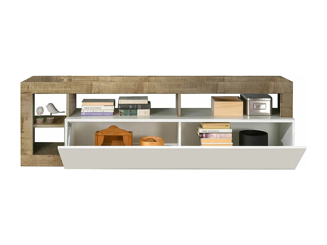 ARTURO - Meuble TV 1 Abattant Blanc Laqué Encadrement Niches Aspect Bois Antik