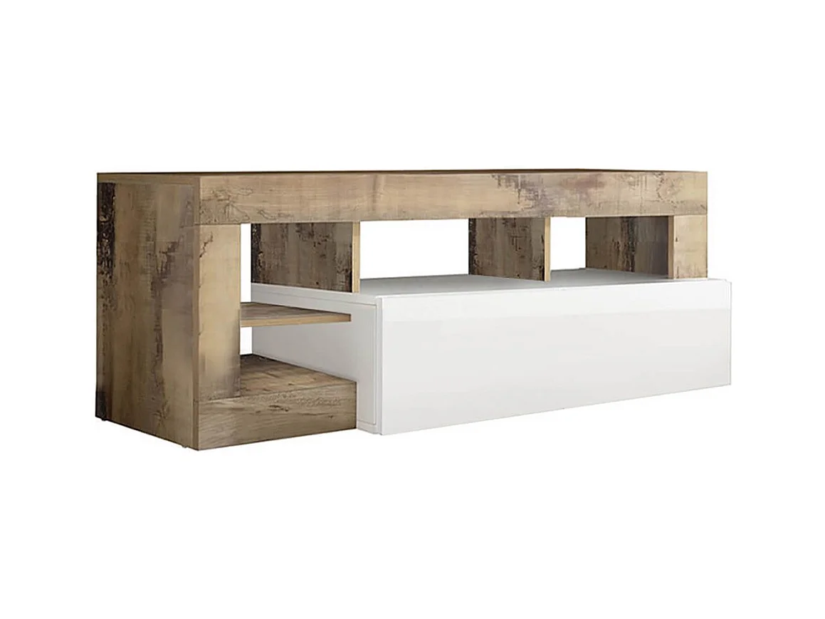ARTURO - Meuble TV 1 Abattant Blanc Laqué Encadrement Niches Aspect Bois Antik