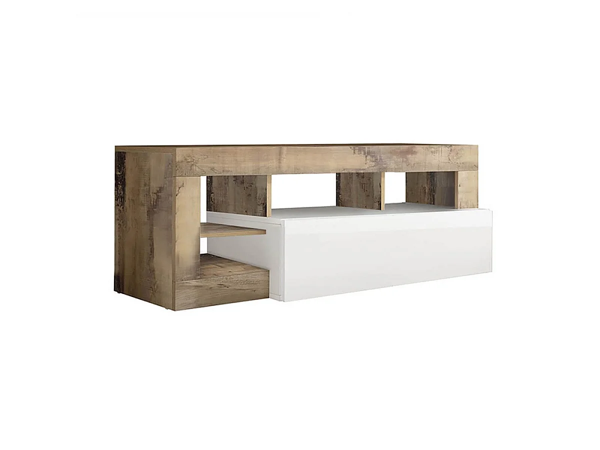 ARTURO - Meuble TV 1 Abattant Blanc Laqué Encadrement Niches Aspect Bois Antik