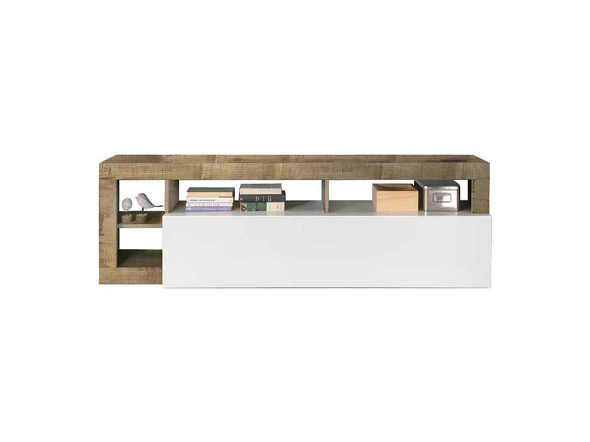 ARTURO - Meuble TV 1 Abattant Blanc Laqué Encadrement Niches Aspect Bois Antik