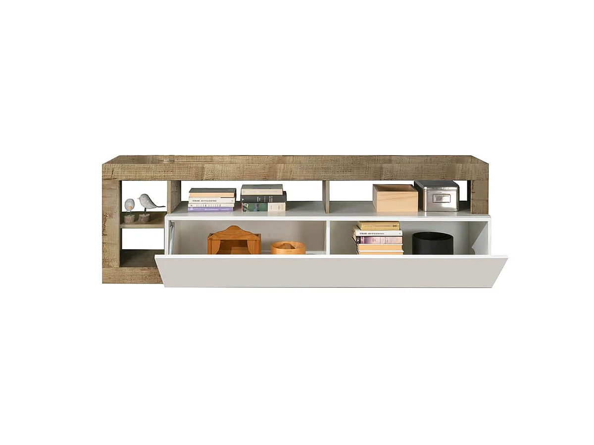 ARTURO - Meuble TV 1 Abattant Blanc Laqué Encadrement Niches Aspect Bois Antik